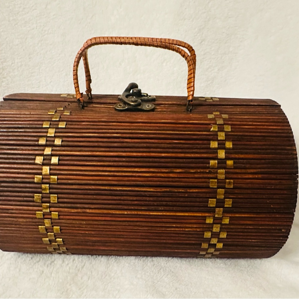 Vintage Wooden Handbag with Gold Accents